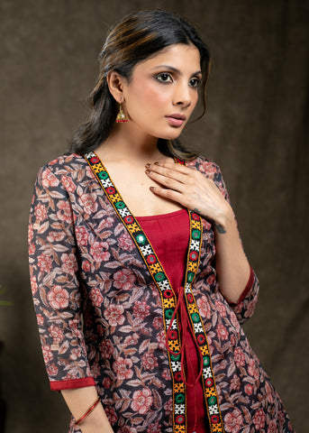 Layered Floral Print with Handmade Kutch Work with Matching Inner