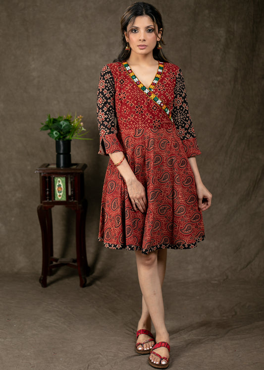 Elegant Ajrakh Combination Tunic with Kutch Work