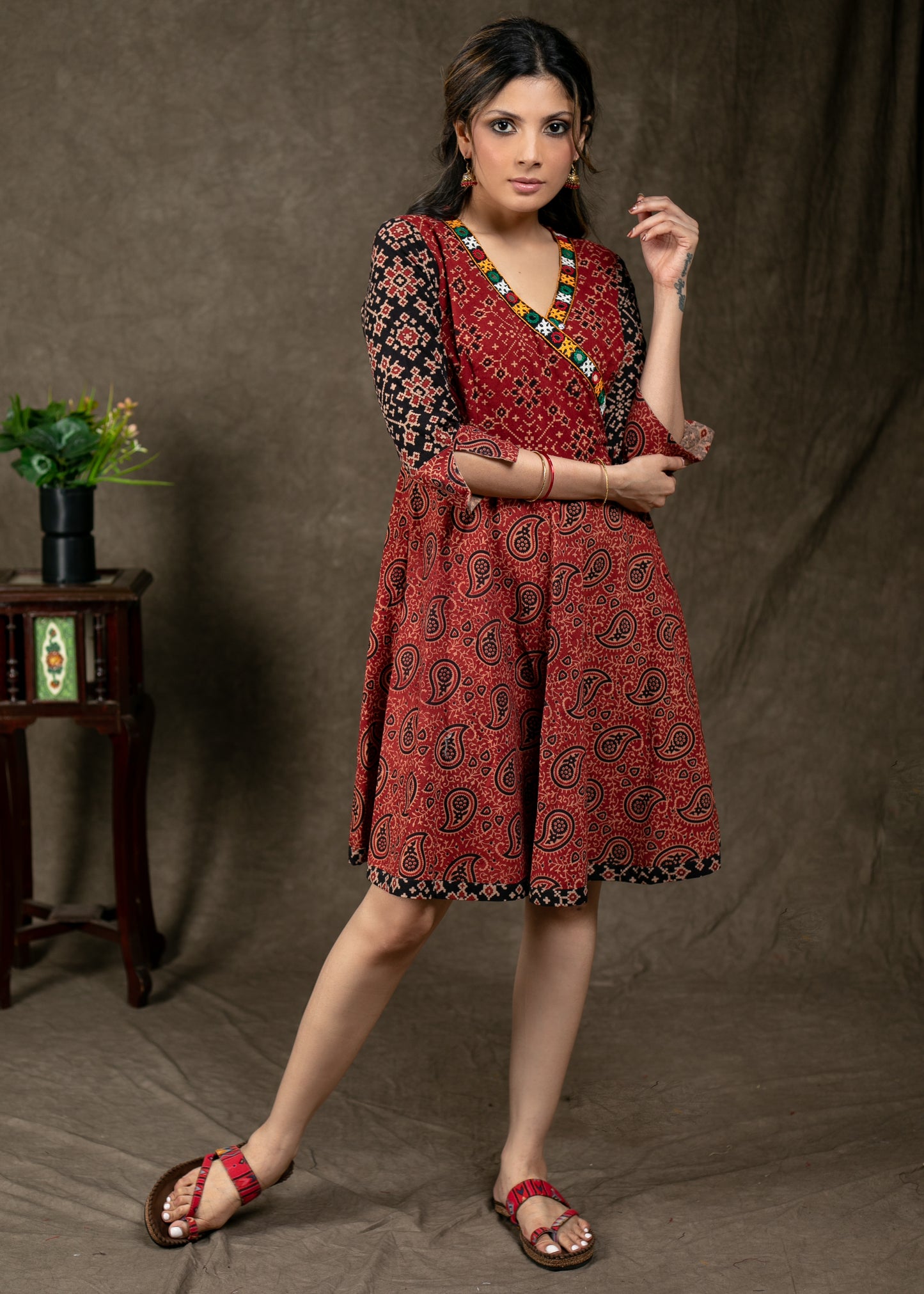 Elegant Ajrakh Combination Tunic with Kutch Work