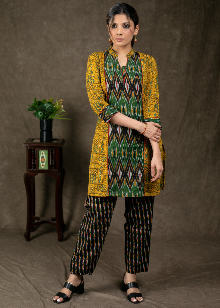 Trendy ikat and ajrakh combination tunic with beautiful stone work