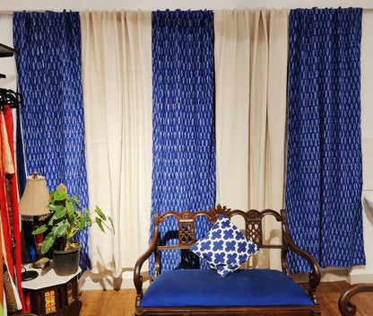 Exclusive ikat and offwhite chequered cotton curtain set - 5 pc set