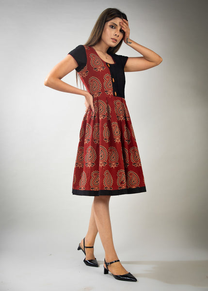 Rust Paisley Ajrakh dress with pleats on top