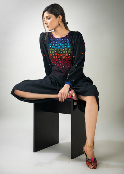 Black cotton dress with mirror embroidery on yoke