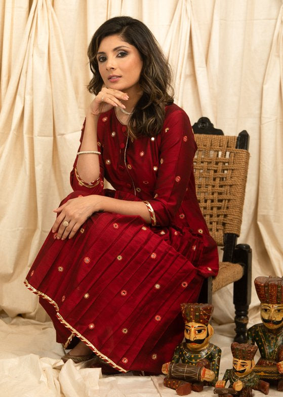 Exclusive maroon cotton silk dress with mirror work all over