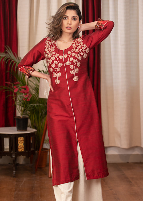 Straight Cut Marron Cotton Silk Kurta with Gracefully Embroidered Yoke.