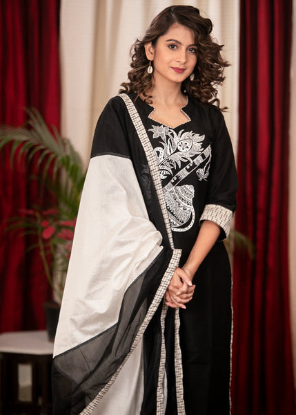 Black& White Straight Cotton Handloom Kurta with Impeccable Hand Painting of Musical Expressions, Pant & Dupatta - 3 Piece