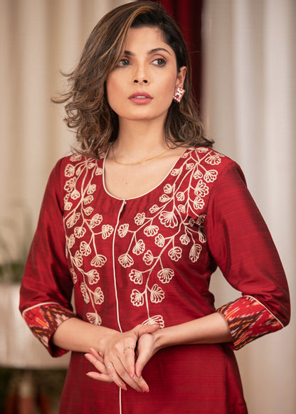 Straight Cut Marron Cotton Silk Kurta with Gracefully Embroidered Yoke.
