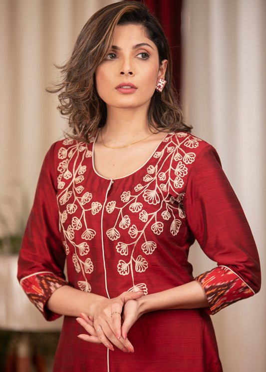 Straight Cut Marron Cotton Silk Kurta with Gracefully Embroidered Yoke.
