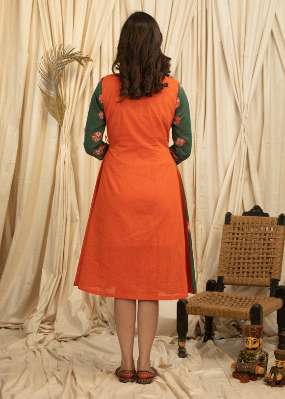 Combination of Orange & green Shibori overlapping cotton dress
