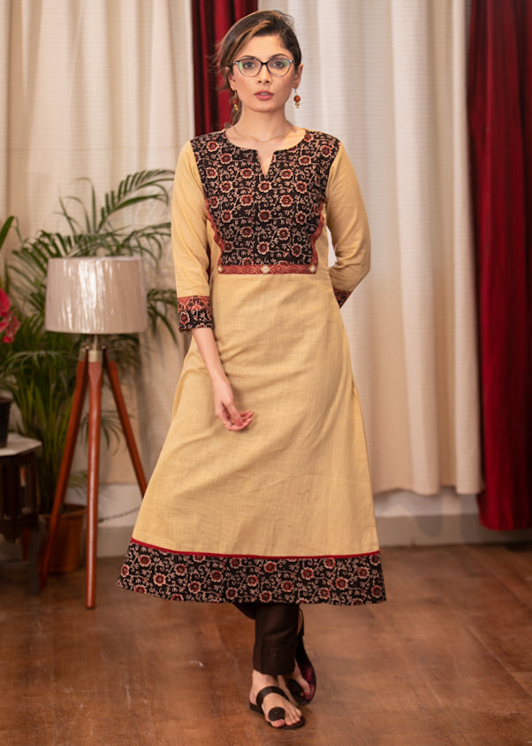 A-Line Beige Handloom Cotton Kurta with Ajrakh Yoke and border - Pant Optional