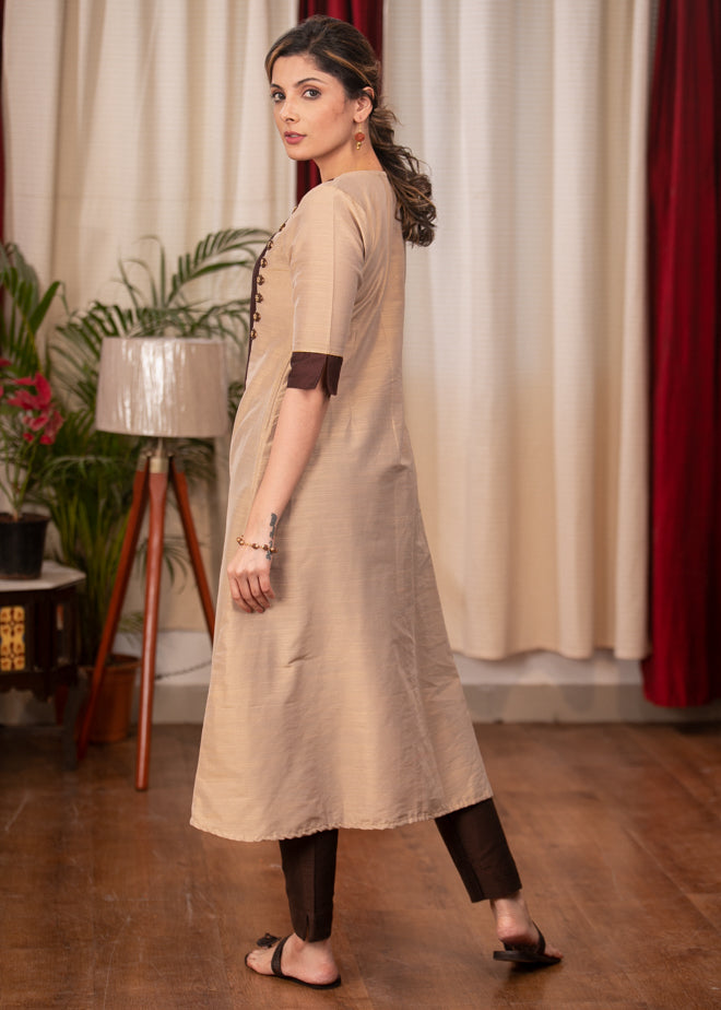 A-Line Beige Colour cotton silk Kurta with Beautiful  full length Handmade Zardosi work