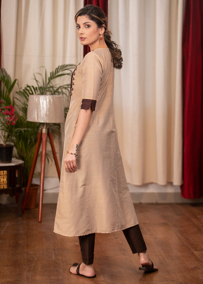 A-Line Beige Colour cotton silk Kurta with Beautiful  full length Handmade Zardosi work