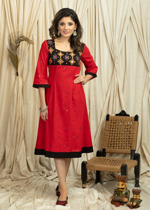 Exclusive red & black combination dress with embroidered mirror work