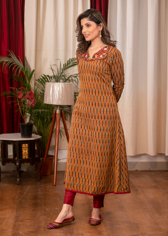A - Line woven  Cotton  Ikat Kurta with smart Hand Made Kutch Embroidery Mirror work Collars
