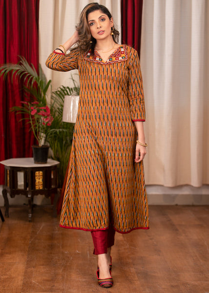 A - Line woven  Cotton  Ikat Kurta with smart Hand Made Kutch Embroidery Mirror work Collars