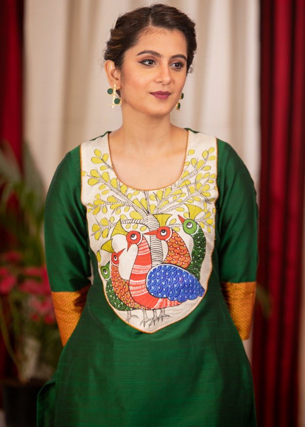 Straight Cut Forest Green Cotton Silk Kurta with Beautiful Gond Painting on the Yoke and Khun Sleeves