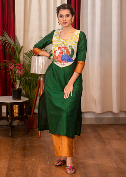 Straight Cut Forest Green Cotton Silk Kurta with Beautiful Gond Painting on the Yoke and Khun Sleeves