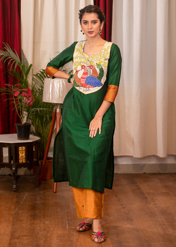 Straight Cut Forest Green Cotton Silk Kurta with Beautiful Gond Painting on the Yoke and Khun Sleeves