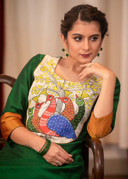 Straight Cut Forest Green Cotton Silk Kurta with Beautiful Gond Painting on the Yoke and Khun Sleeves