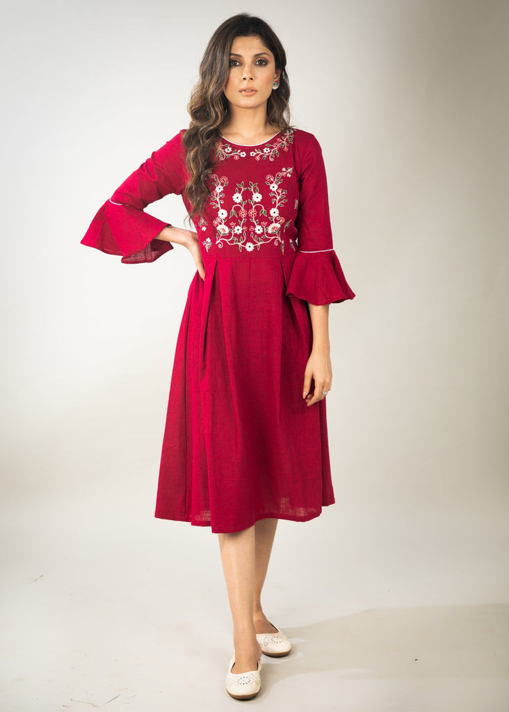 Magenta cotton dress with full embroidered  yoke