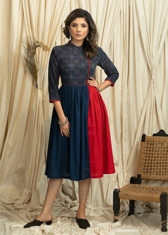 Exclusive blue & red combination dress with Ajrakh printed yoke