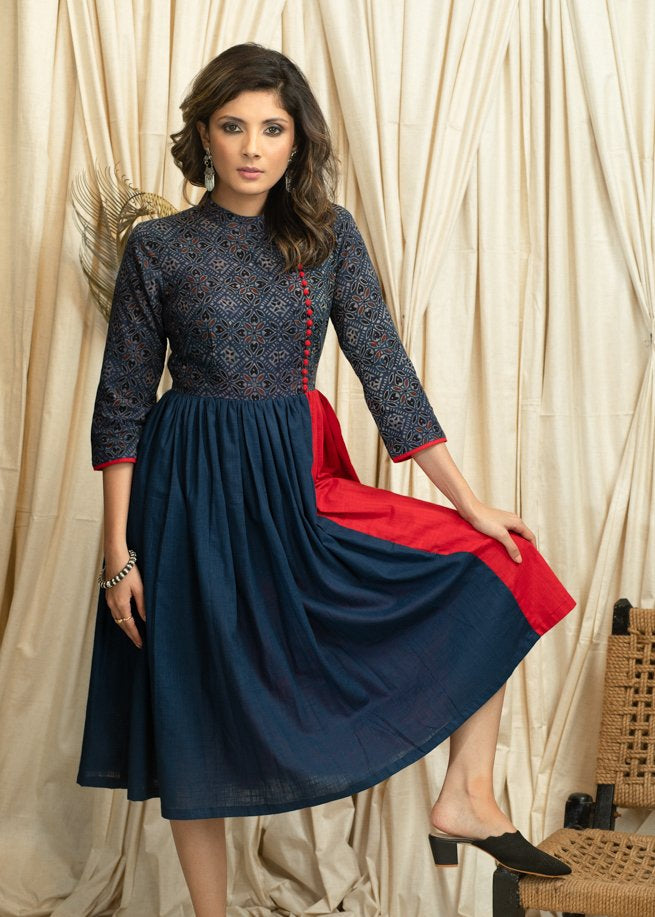 Exclusive blue & red combination dress with Ajrakh printed yoke