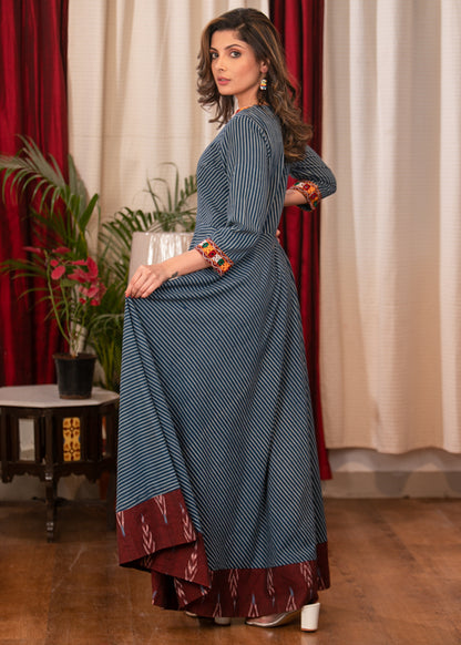 Beautiful Cotton Indigo Striped evening gown with Ikat  and Handmade Kutch Embroidery
