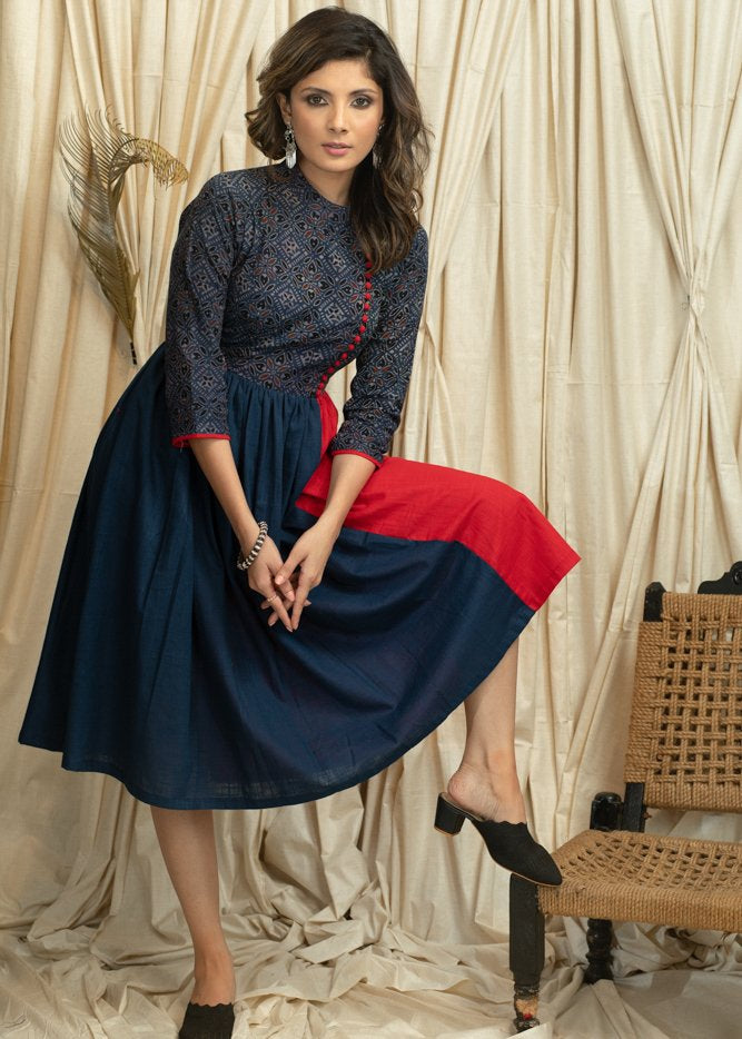 Exclusive blue & red combination dress with Ajrakh printed yoke