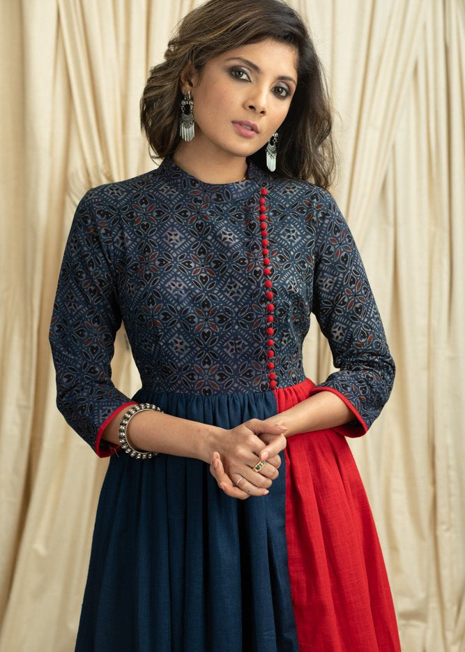 Exclusive blue & red combination dress with Ajrakh printed yoke