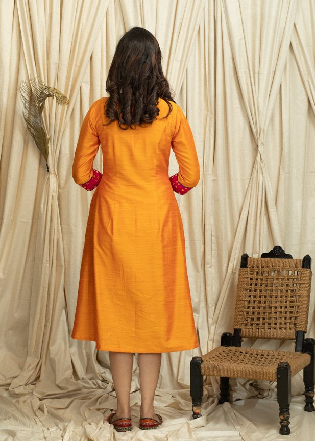 Orange cotton silk dress with hand embroidered yok