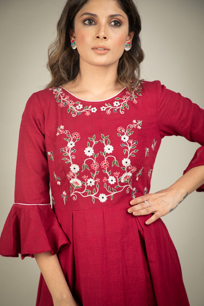 Magenta cotton dress with full embroidered  yoke
