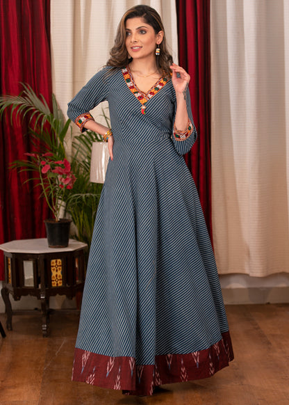 Beautiful Cotton Indigo Striped evening gown with Ikat  and Handmade Kutch Embroidery
