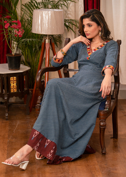 Beautiful Cotton Indigo Striped evening gown with Ikat  and Handmade Kutch Embroidery