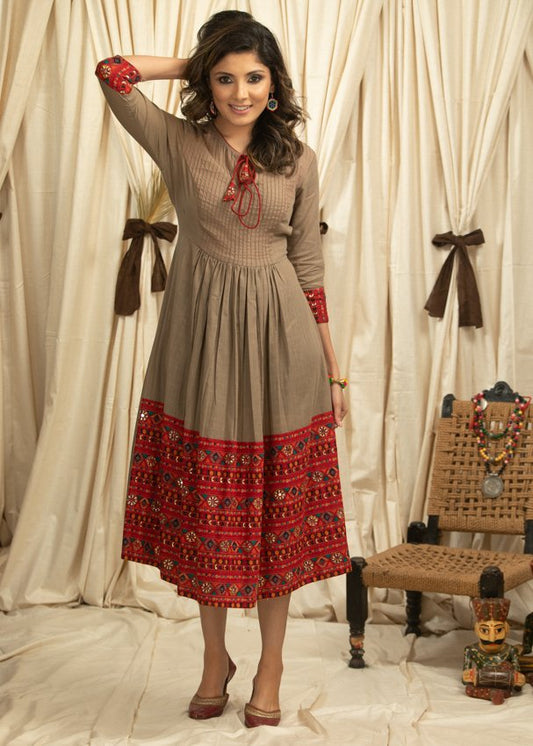Dark beige cotton dress with pleats yok & hand embroidered embellishments