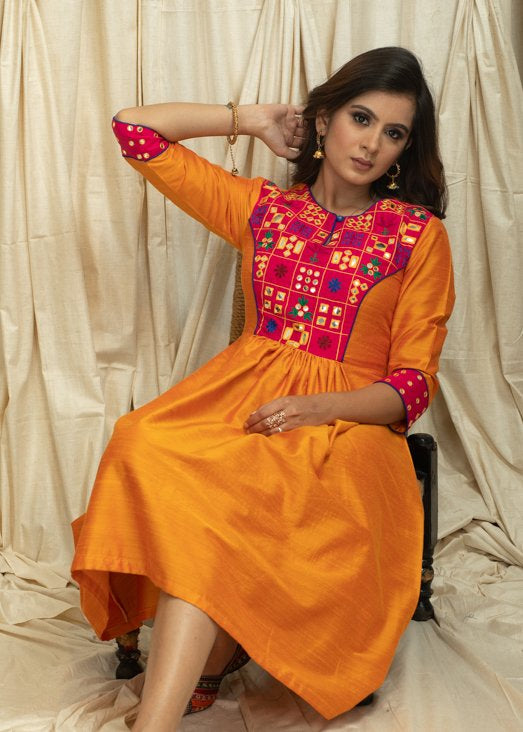 Orange cotton silk dress with hand embroidered yok