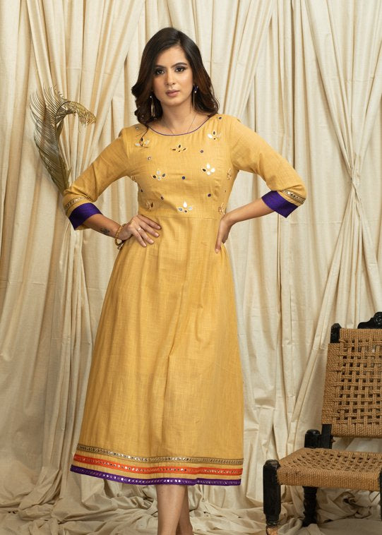 Light beige dress with mirror work embroidery & khun combination