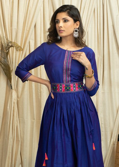 Exclusive blue cotton silk embroidered dress
