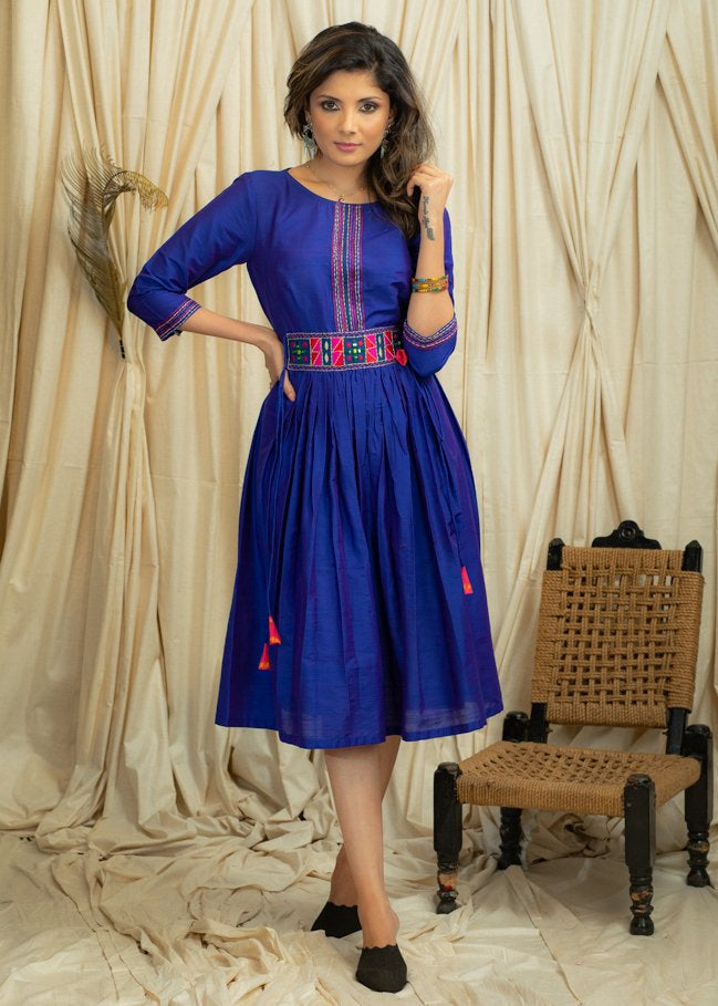 Exclusive blue cotton silk embroidered dress