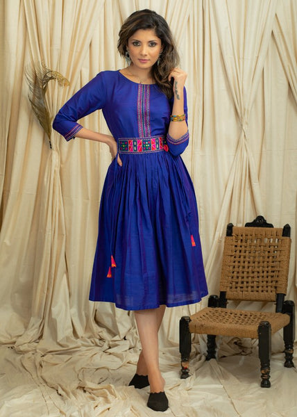 Exclusive blue cotton silk embroidered dress