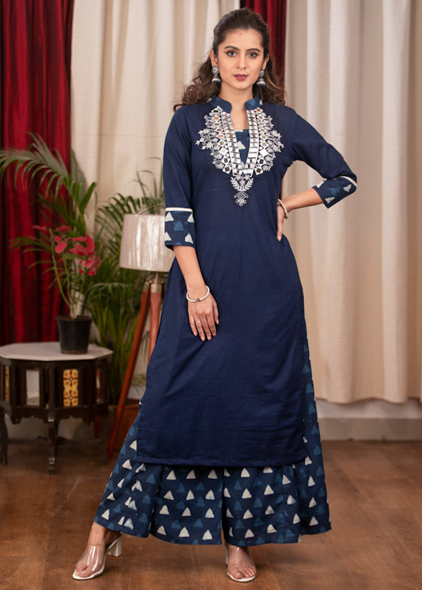 Very Fine Hand made Mirror Embroidery on Blue and Indigo Cotton Straight Cut Kurta - Pant Optional
