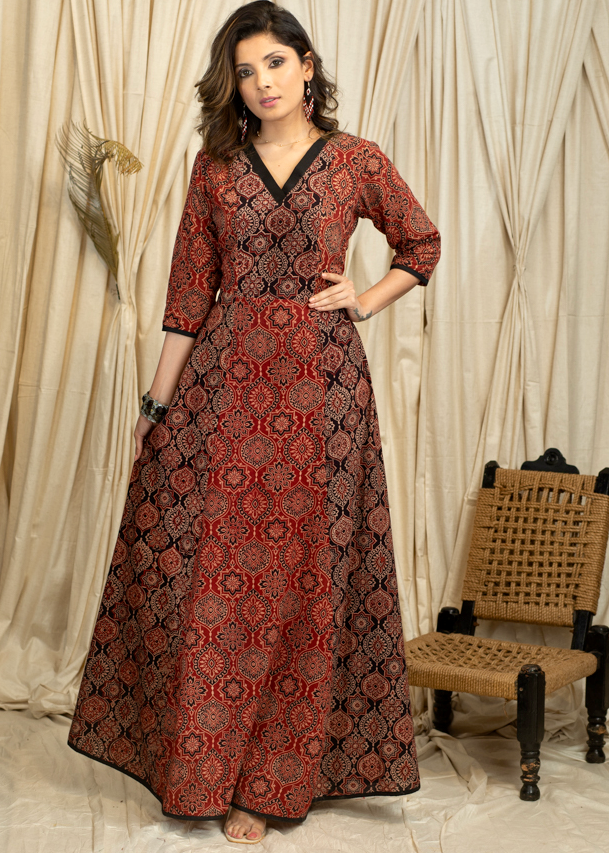 Trendy Occasion wear Gown in Combination Ajrakh Cotton Fabric