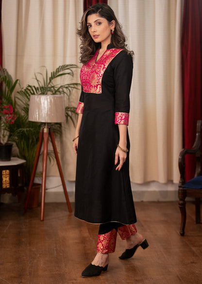 A Line Cotton silk Banarasi Yoke Kurta