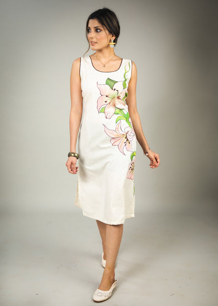 Hand painted cotton dress with floral motifs