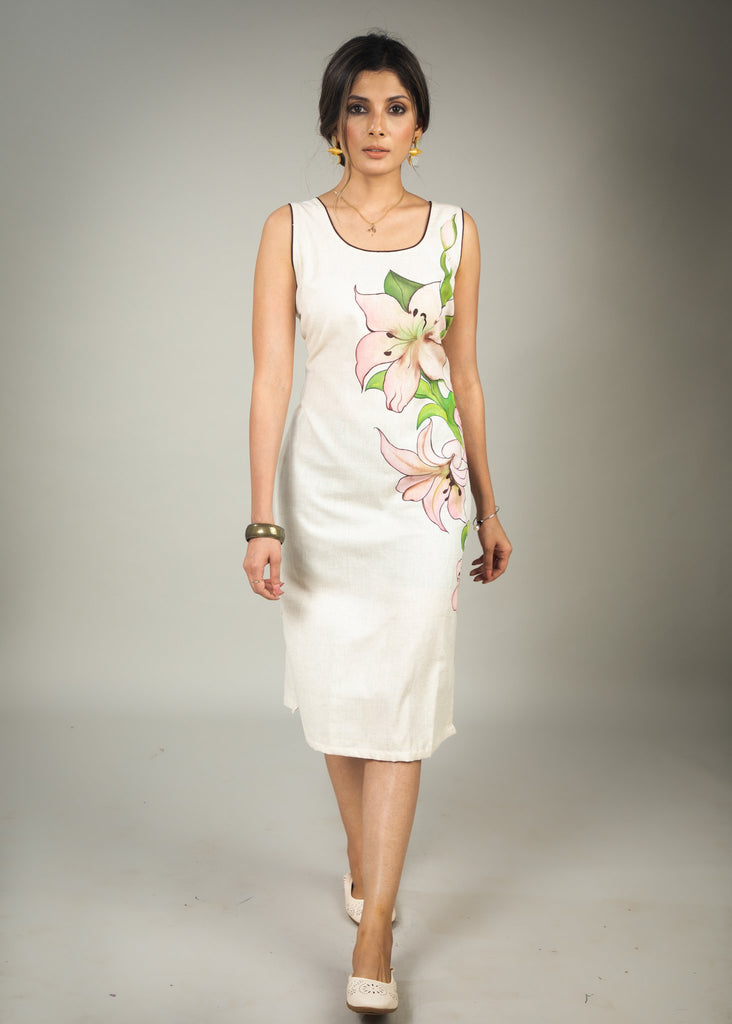 Hand painted cotton dress with floral motifs