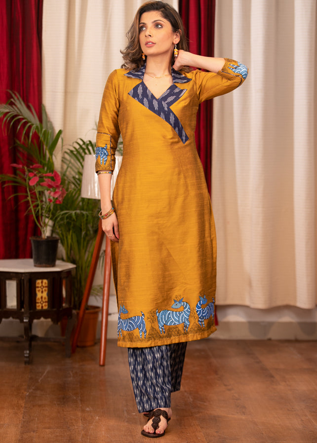 Straight Cut Mustard Cotton Silk and Ikat Combination Kurta with beautiful Hand Painted Gond Art - Pant Optional