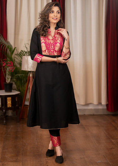 A Line Cotton silk Banarasi Yoke Kurta