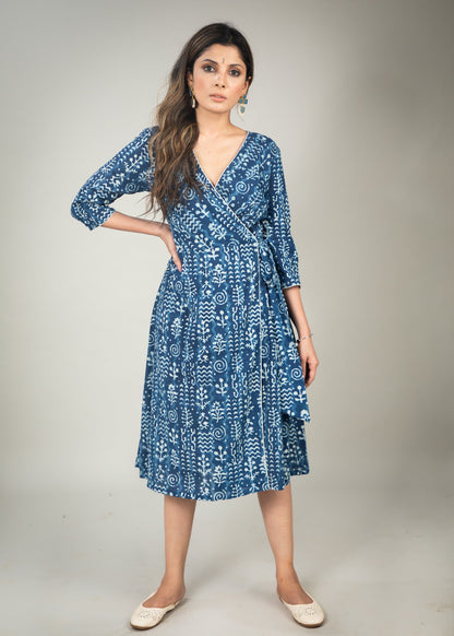 Exclusive Indigo printed overlap dress with side tying