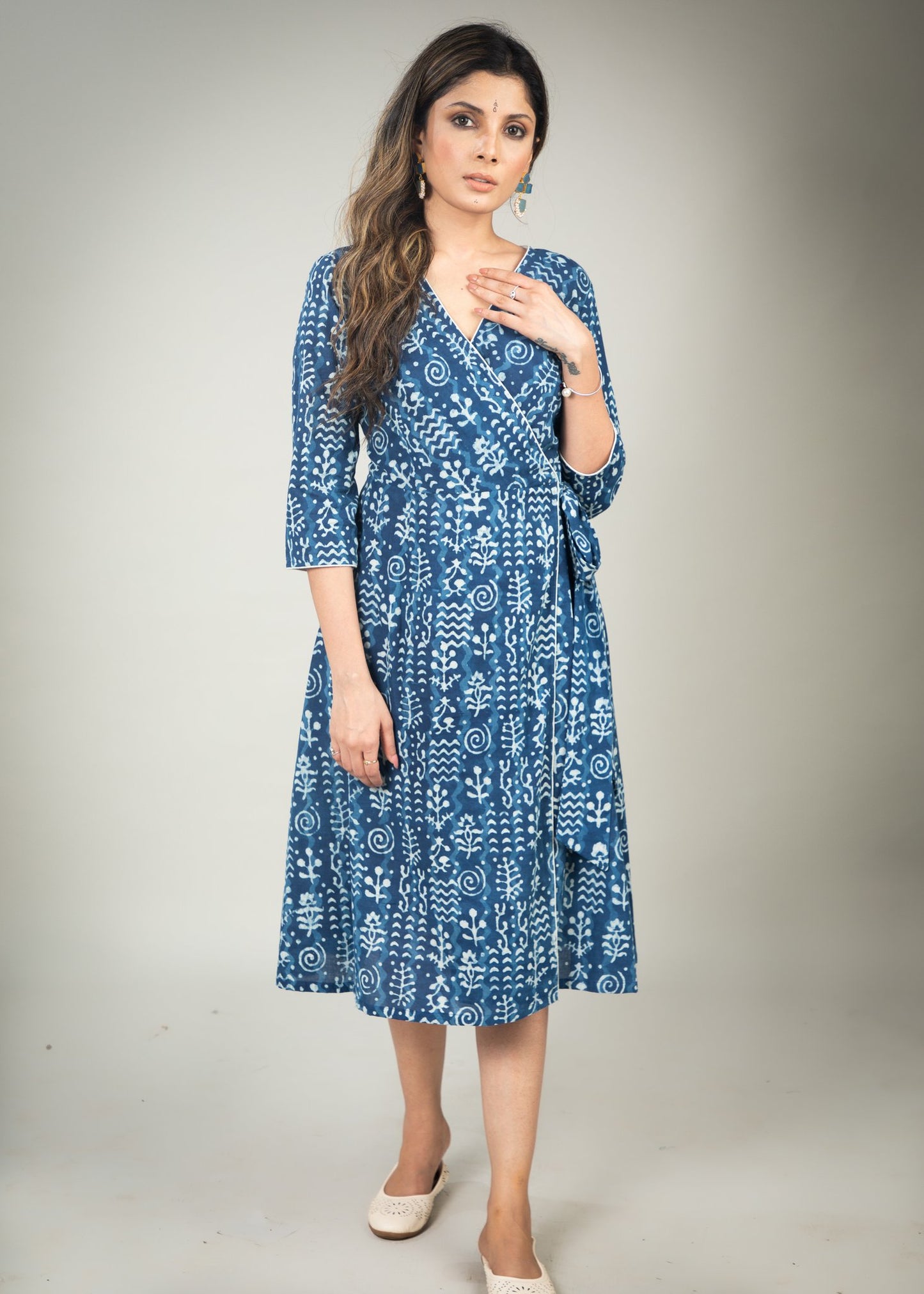 Exclusive Indigo printed overlap dress with side tying