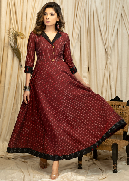 Trendy Occasion wear Maroon Ikat Cotton  Gown