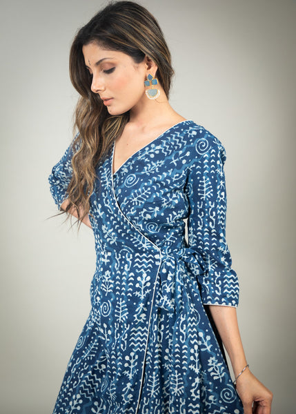 Exclusive Indigo printed overlap dress with side tying